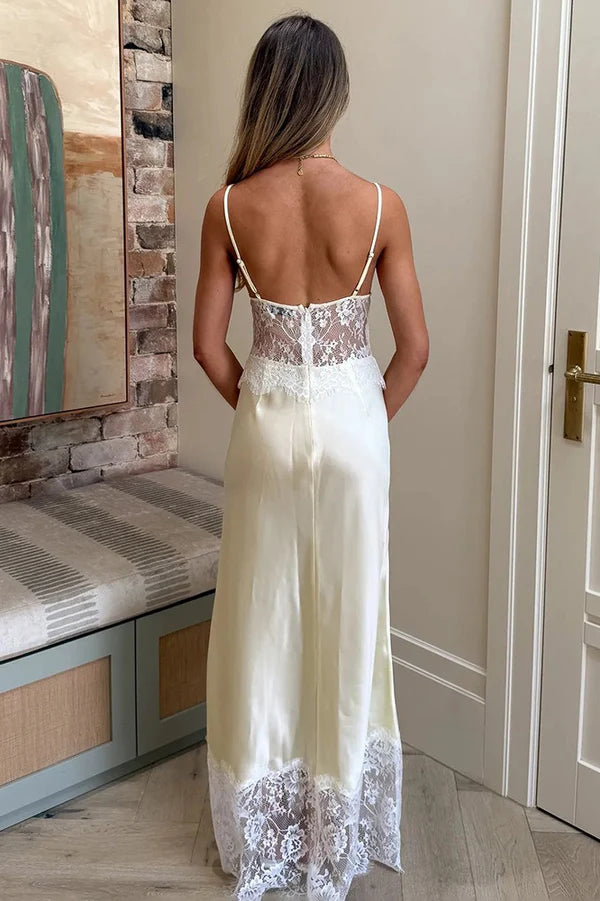 Romantic Ivory A Line Straps Lace Satin Prom Dress Party Evening Dress DP5375