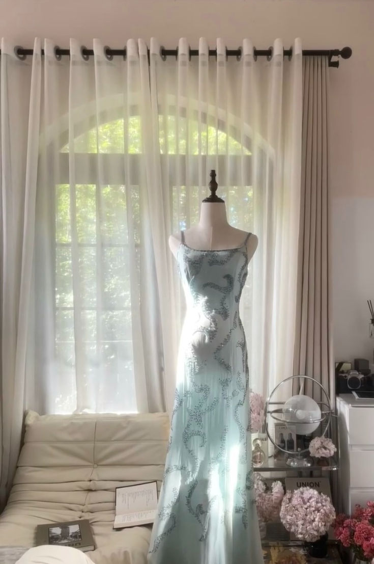 Baby Blue A Line Spaghetti Strap Beaded Chiffon Long Party Dress Evening Dress DP2338