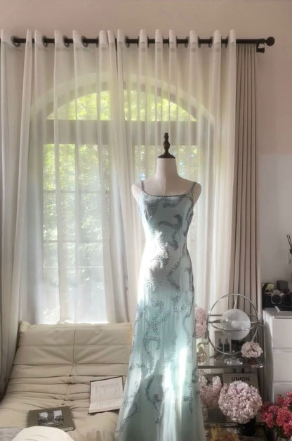 Baby Blue A Line Spaghetti Strap Beaded Chiffon Long Party Dress Evening Dress DP2338