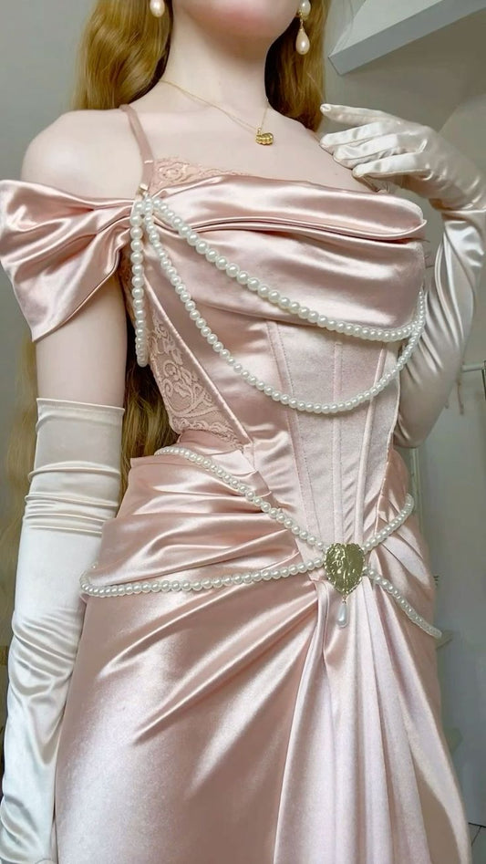 Stunning Sheath Off the Shoulder Pearl Pink Lace Satin Prom Dress Wedding Guest Dress DP2626