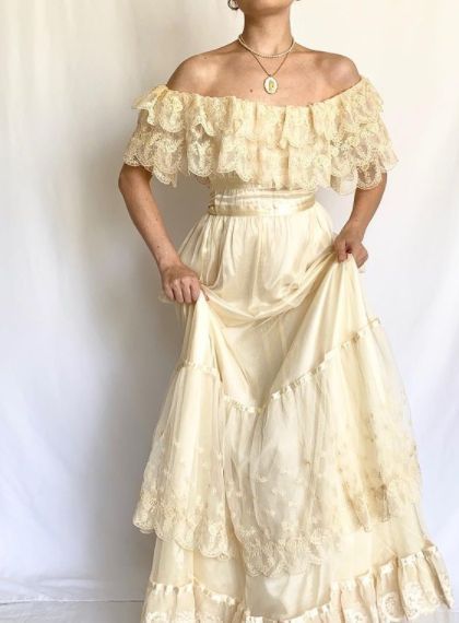 Vintage Apricot A Line Layered Lace Tulle Prom Dress Evening Dress DP8079