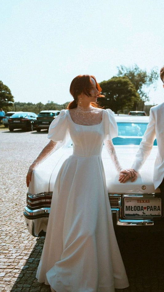 Romantic A Line Puff Sleeve White Lace Satin Long Wedding Dress DP7808