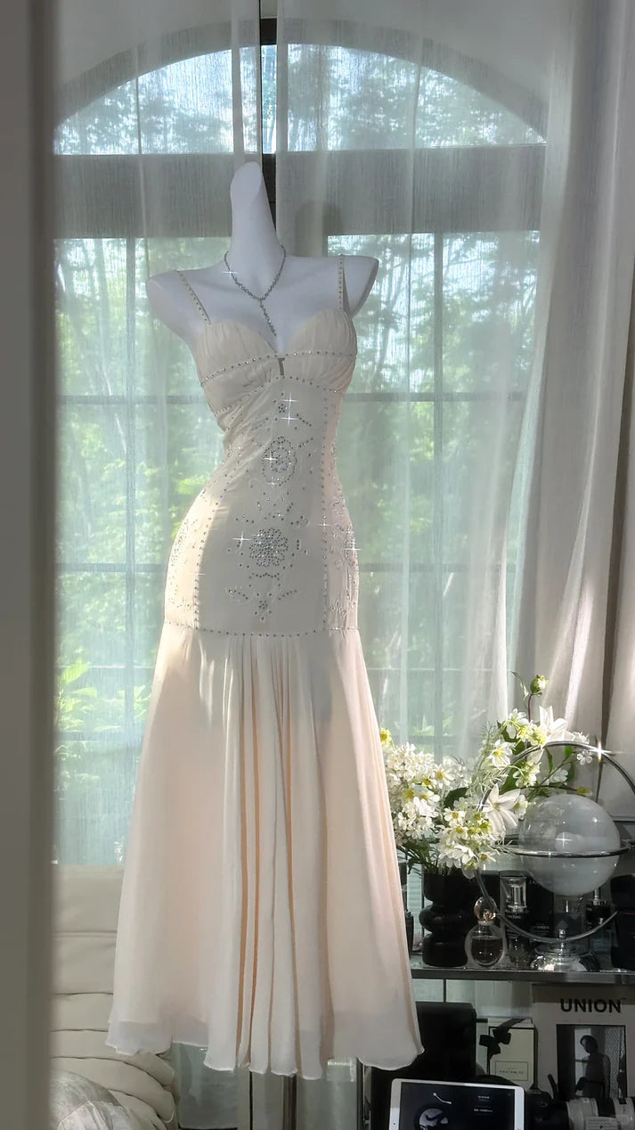 Ivory Mermaid Spaghetti Straps Rhinestone Chiffon Prom Dress Formal Dress Party Dress DP3513