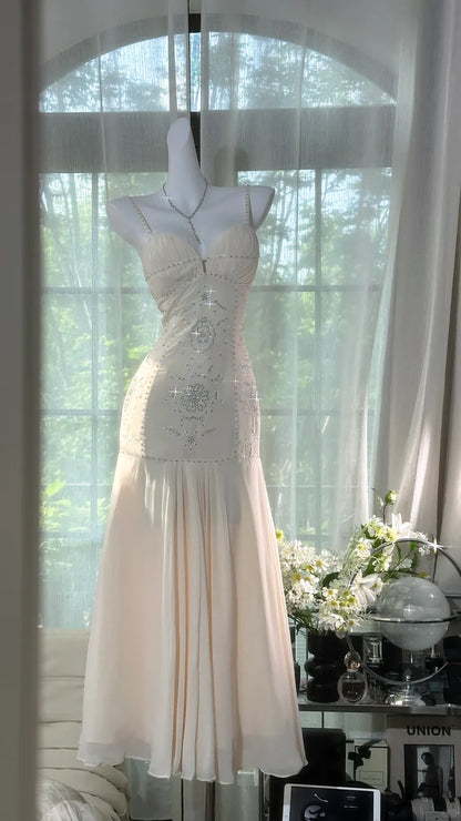 Ivory Mermaid Spaghetti Straps Rhinestone Chiffon Prom Dress Formal Dress Party Dress DP3513