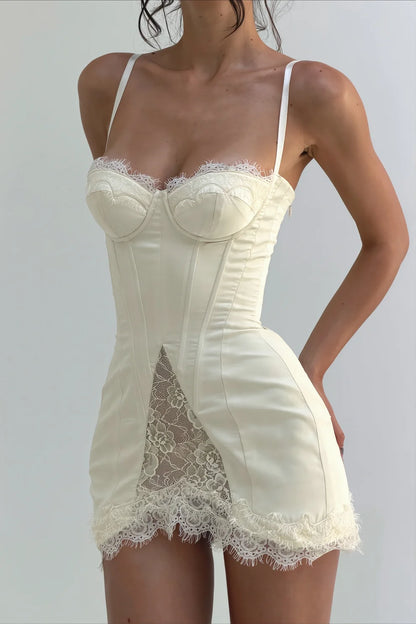 Ivory Sheath Spaghetti Strap Lace Satin Short Homecoming Dress DP7416