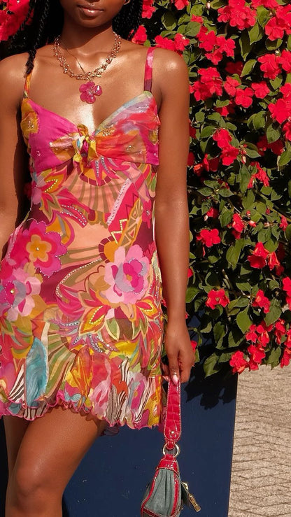 Pink Unique Print Floral Chiffon Short Homecoming Dress Date Dress Cocktail Dress DP2994