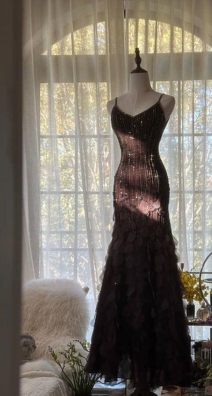 Charming Mermaid Spaghetti Strap Beaded Black Chiffon Long Party Dress Evening Dress DP2310