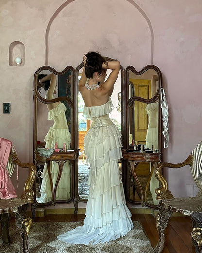 Stunning Light Apricot Sheath Strapless Layered Chiffon Satin Long Prom Dress Evening Dress DP3305