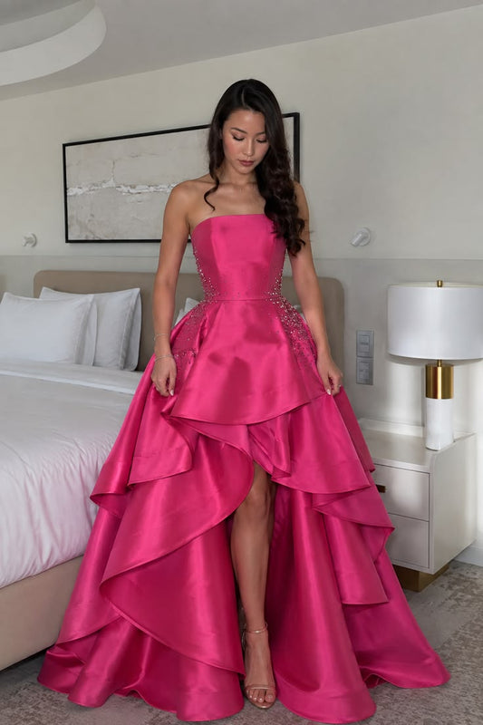Hot Pink A Line Strapless Beaded Ruffle Satin Long Prom Dress Evening Dress DP8021