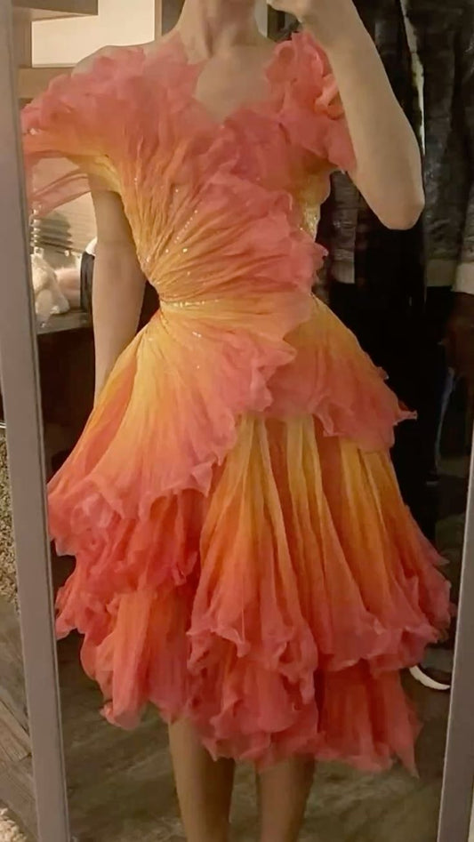 Stunning Orange Yellow Ombre A Line V Neck Layered Sequin Chiffon Homecoming Dresses DP3130