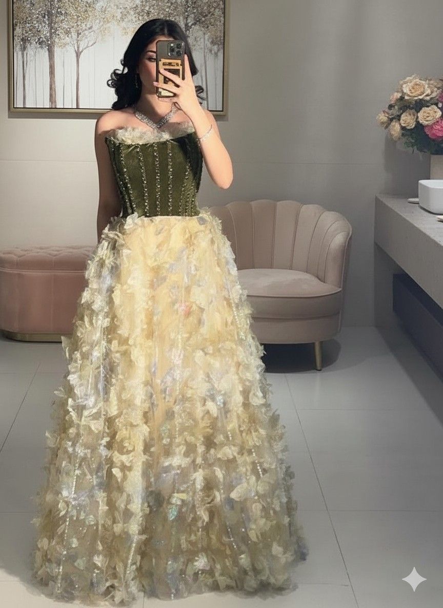Green A Line Strapless Velvet 3D Floral Tulle Prom Dress Evening Dress DP8062
