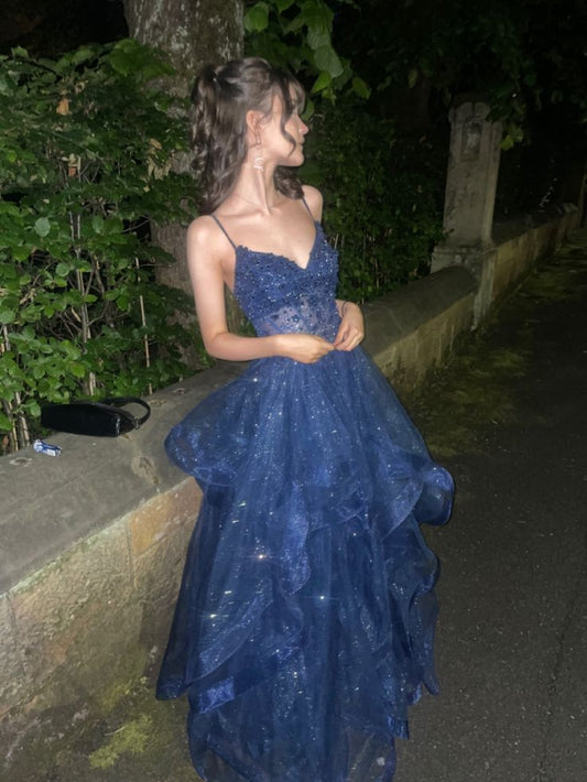Navy Blue A Line Spaghetti Strap Beaded Ruffle Organza Long Prom Dress Evening Dress DP2787