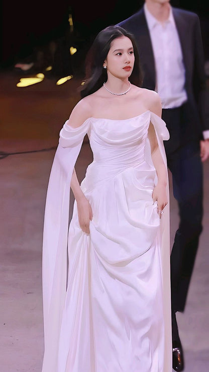 Simple White Gentle Off the Shoulder Satin Long Sweep Prom Dress Party Dress DP3058
