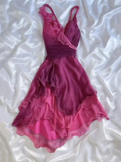 Cute A Line Spaghetti Strap Ruffle Pink Ombre Chiffon Short Party Dress Evening Dress DP2309