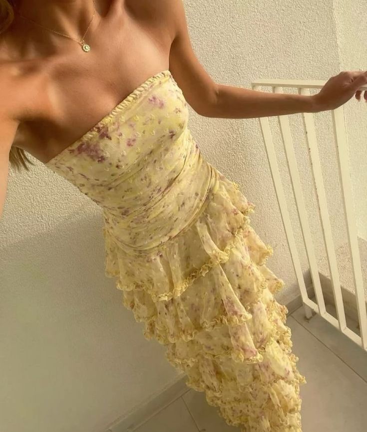 Yellow Sheath Strapless Layered Print Floral Chiffon Prom Dress Vacation Dress DP4040