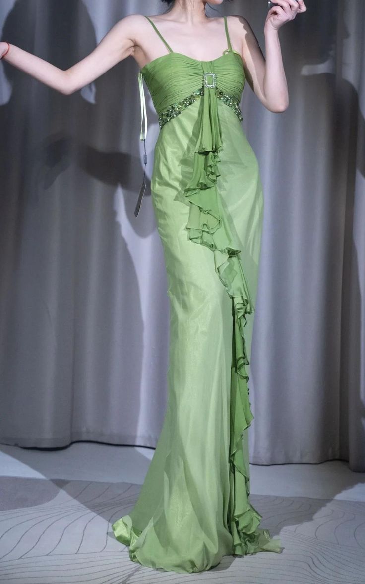 Elegant Sheath Spaghetti Strap Ruffle Beaded Green Chiffon Satin Long Party Dress Evening Dress DP2308