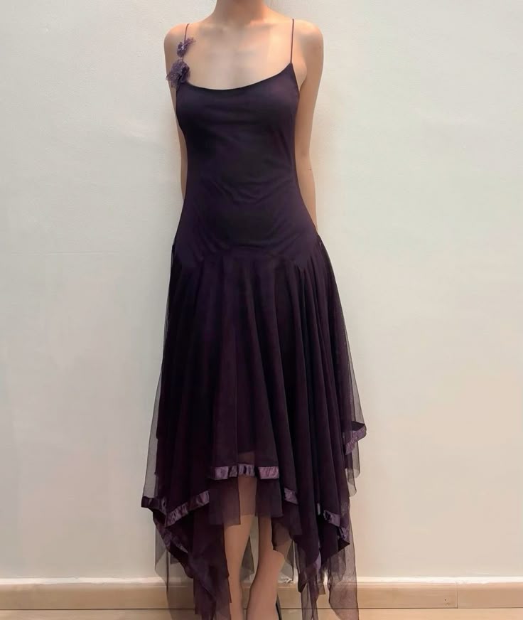 Retro Dark Purple A Line Spaghetti Strap Tulle Prom Dresses Evening Dress Date Dress DP3419