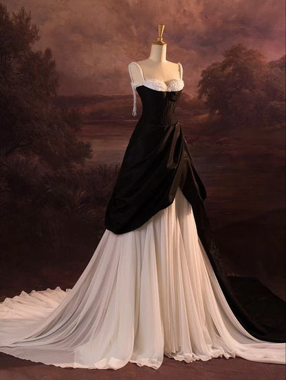 A Line Spaghetti Straps Satin Chiffon Long Prom Dress Evening Dress DP1336