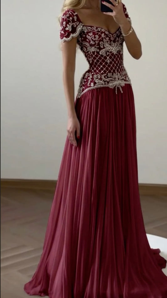 Stunning Burgundy A Line Shiny Rhinestone Chiffon Long Prom Dress Evening Dress DP8065