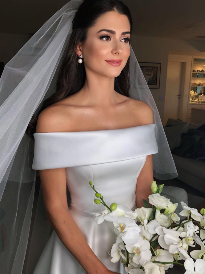 Classic A Line Off the Shoulder White Satin Long Wedding Dress DP4904