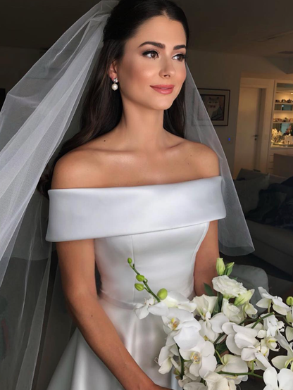 Classic A Line Off the Shoulder White Satin Long Wedding Dress DP4904