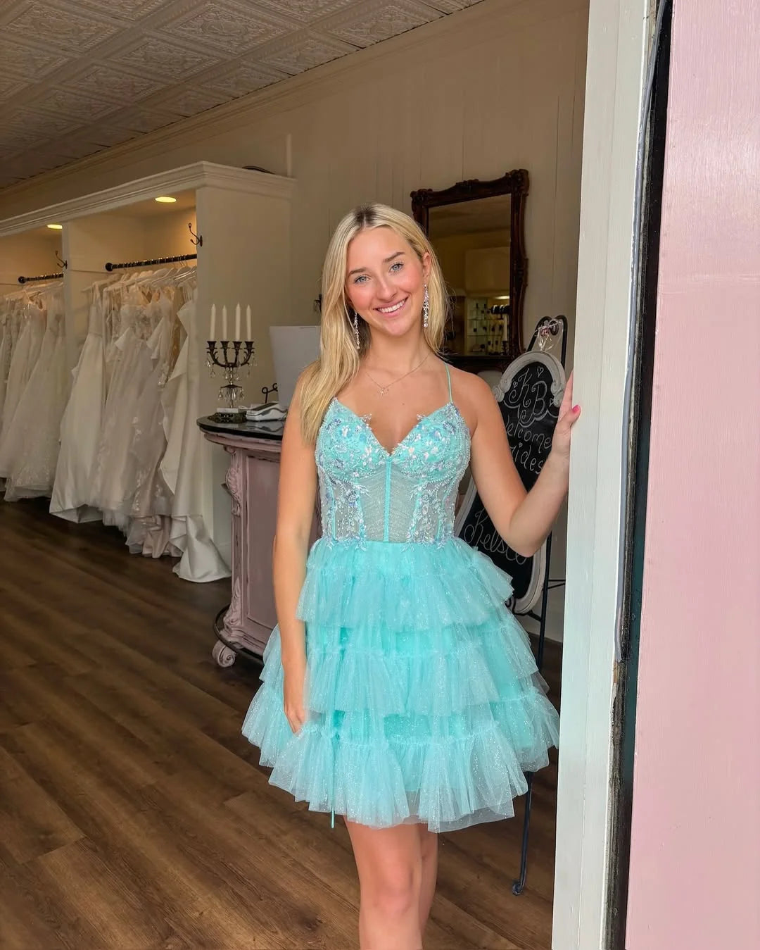 Gorgeous A Line Spaghetti Straps Blue Short Homecoming Dress with Appliques DP7382