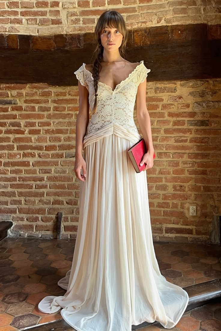 Ivory A Line V Neck Lace Chiffon Long Prom Dress Evening Dress DP7116