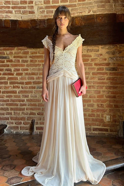 Ivory A Line V Neck Lace Chiffon Long Prom Dress Evening Dress DP7116