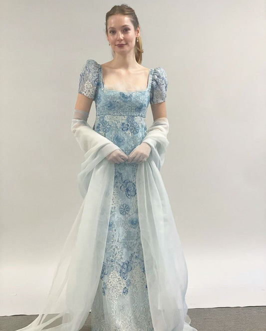 Retro A Line Puff Blue Lace Tulle Prom Dress Party Dress Evening Dress DP3528