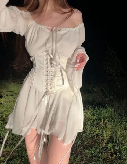 Flowy A Line Long Sleeve Corset White Chiffon Satin Short Homecoming Dress Cocktail Dress DP2877