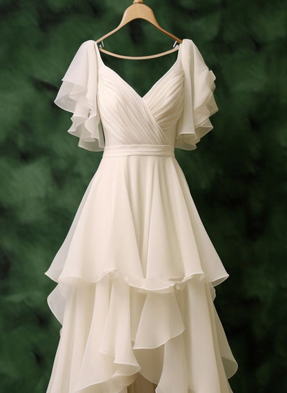 White Chiffon High Low Short Sleeves Party Dress Wedding Dress DP3201