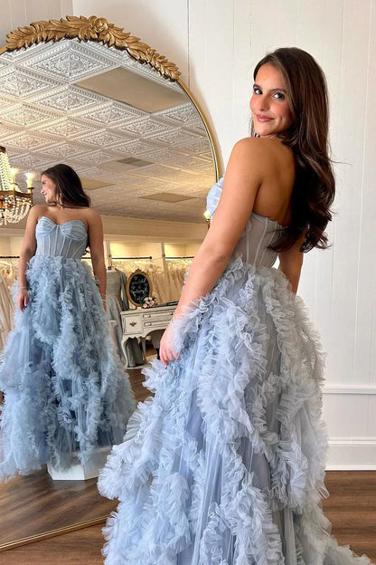 Blue A Line Strapless Ruffle Tulle Long Prom Dresses with Slit DP1070