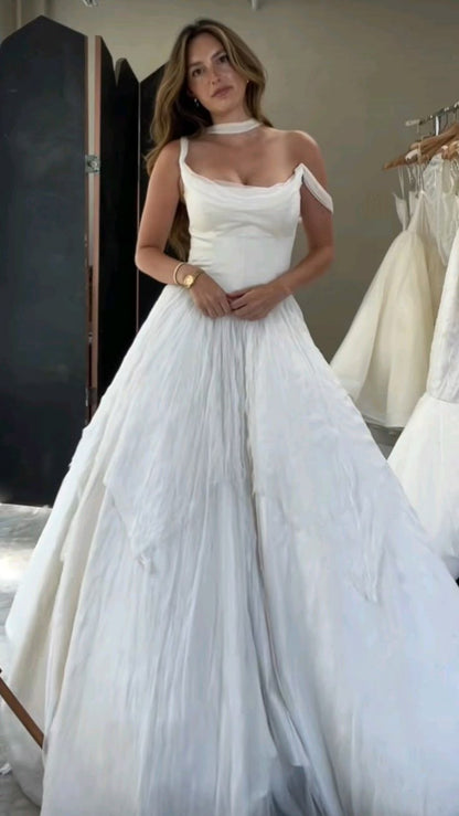 Simple Ball Gown Spaghetti Strap Pleated Tulle Satin Long Prom Dress Wedding Dress DP3602