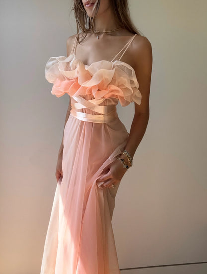 Unique Pink A Line Spaghetti Straps Chiffon Long Prom Dress Party Dress DP3747