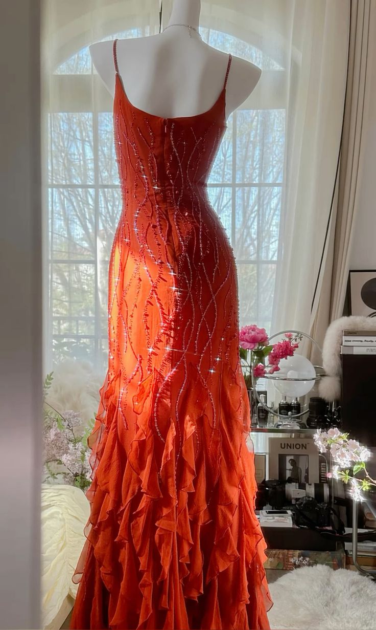 Romantic Orange Mermaid Spaghetti Strap Beaded Ruffle Chiffon Prom Dress Evening Dress DP2883