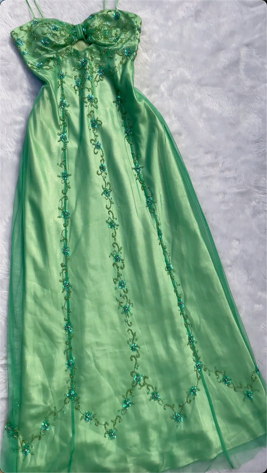 Stunning A Line Spaghetti Strap Beaded Green Tulle Satin Prom Dress Evening Dress DP1808
