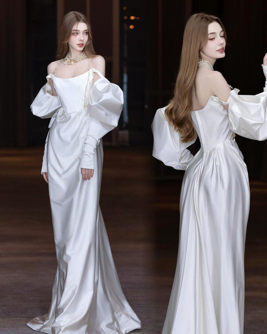 Elegant Mermaid Long Sleeve White Satin Long Prom Dress Party Dress DP3624