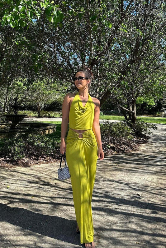 Green Sheath Halter Two Piece Satin Long Evening Dress Prom Dress DP1257