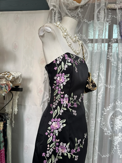 Vintage Sheath Strapless Purple Embroidery Floral Black Satin Prom Dress DP4859