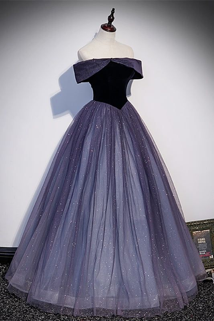 Sparkly Purple Tulle Off the Shoulder Prom Dress Long Evening Party Dress DP643