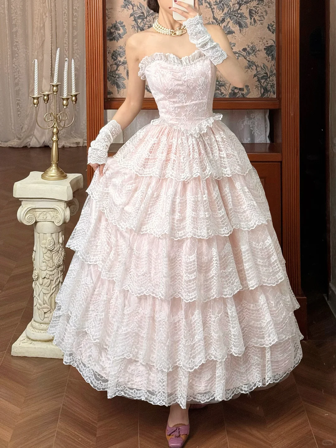 Vintage Princess Light Pink A Line Layered Lace Long Prom Dress Evening Dress DP5613