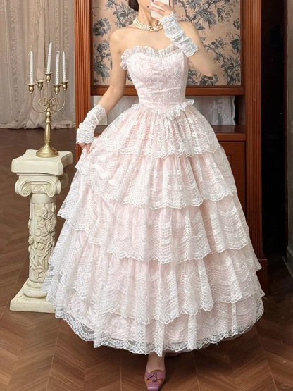 Vintage Princess Light Pink A Line Layered Lace Long Prom Dress Evening Dress DP5613