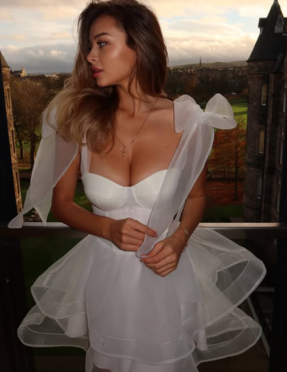 White A Line Straps Layered Organza Short Homecoming Dress Outfits DP5994