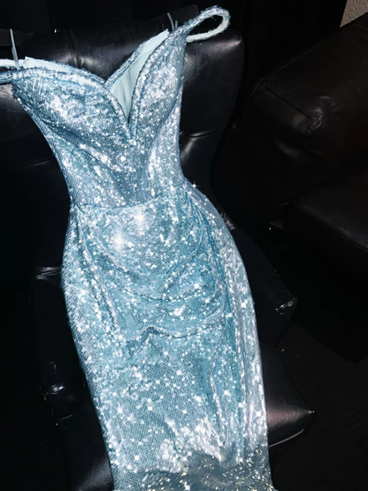 Stunning Blue Sheath Off the Shoulder Sequin Long Prom Dress Evening Dress DP1942