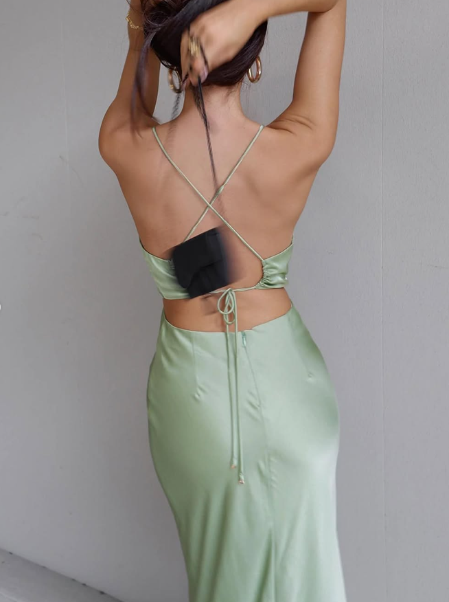 Simple Sheath Spaghetti Strap Green Satin Open Back Prom Dress Evening Dress DP1728