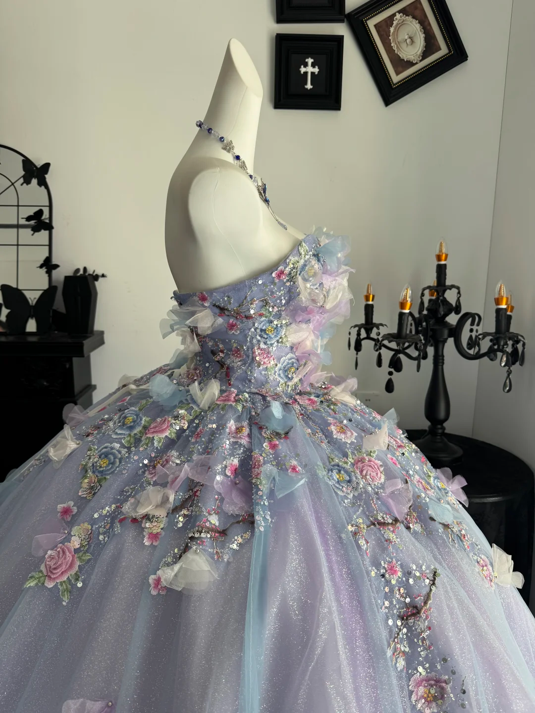 Lilac Ball Gown Sweetheart Neck Floral Tulle Prom Dress Quinceanera Dress DP6967