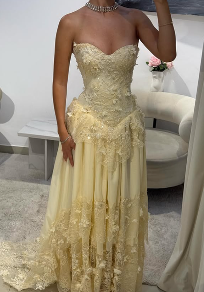 Yellow A Line Sweetheart Neck Lace Chiffon Prom Dress 16th Birthday Dress DP3713