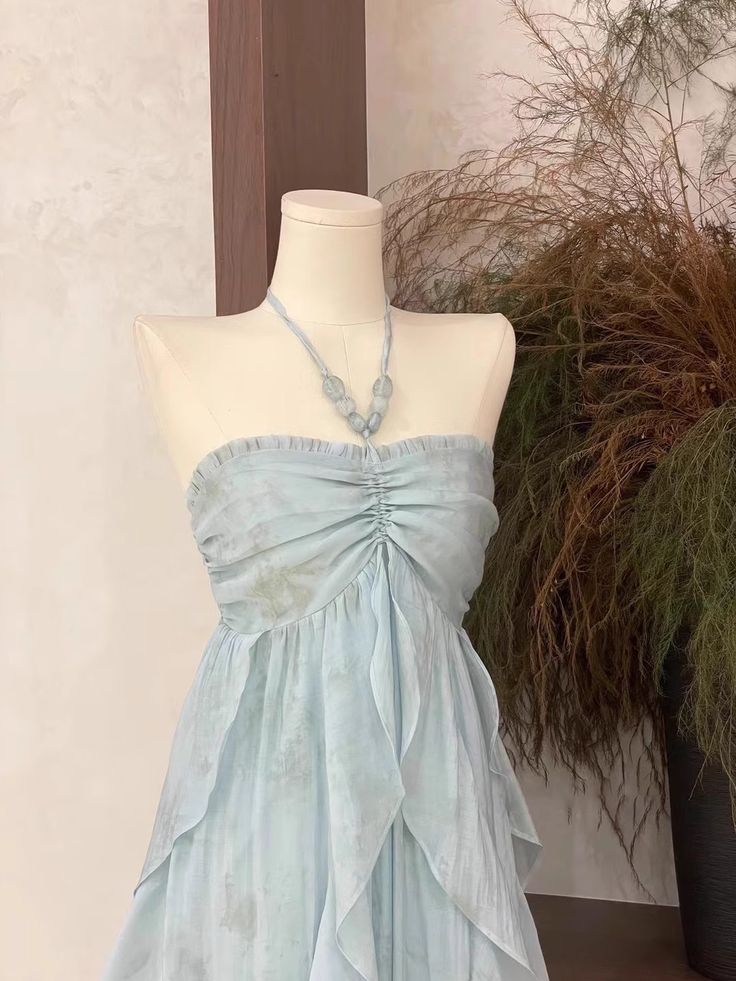 A Line Halter Ruffled Floral Chiffon Long Vacation Dresses Outfits DP1323