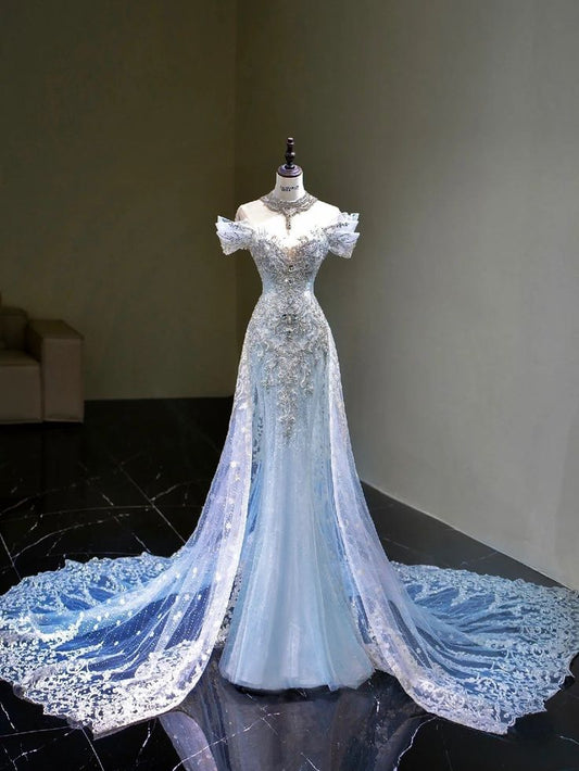 Exquisite Blue Beaded Mermaid Off the Shoulder Tulle Prom Dress Evening Dress DP3034