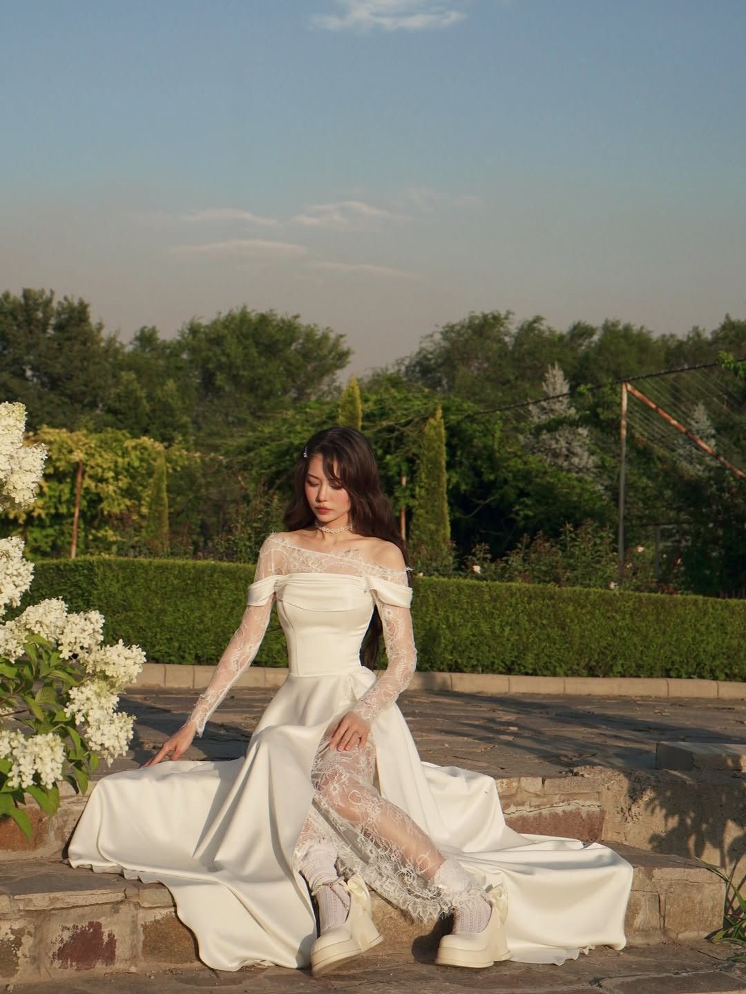 Pretty A Line Long Sleeve Ivory Lace Satin Long Wedding Dress with Slit DP6858